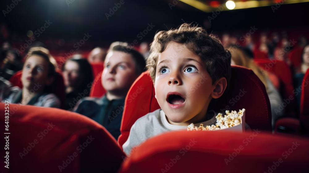 Little boy with astonished and surprised look is watching a movie in a cinema. Little boy with astonished and surprised look is watching a movie in a cinema.
