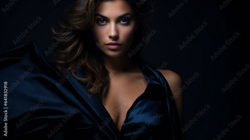 Fashion Portrait on a Dark Background.  Beautiful Woman Posing on Black