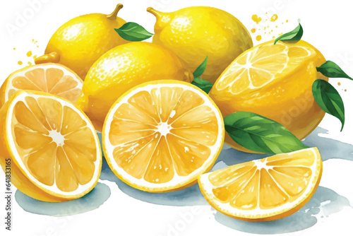 Watercolor fresh juicy testy lemon fruit vector art illustration on white background.
