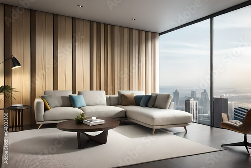 A minimalist living room with sleek furniture neutral tones and strategically placed artistic accents