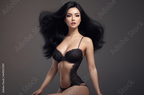 Healthy Asian woman in black lingerie fashion Light from the studio.generative AI