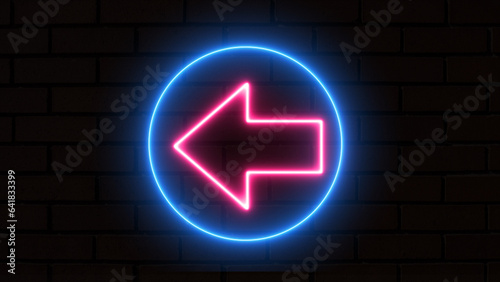 Neon arrow symbol icon. Directional sign. The purple-colored arrow points to the left. Flashing neon icon to the left arrow. neon arrow sign