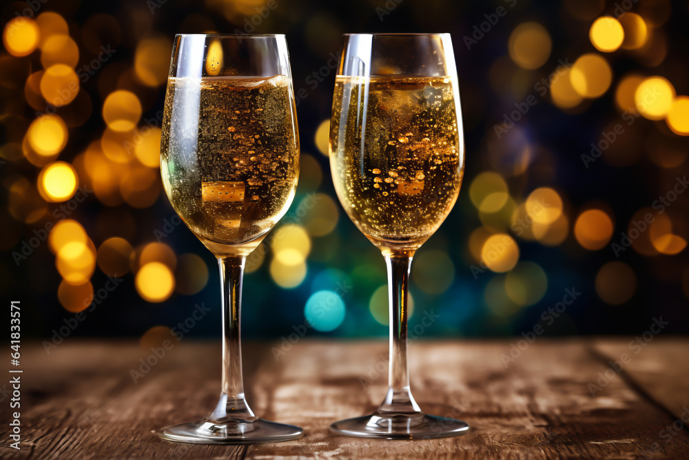 Champagne glass on wooden table and Christmas illumination on background. illustration of celebrating Christmas and New Year Champagne glass on wooden table and Christmas illumination on background. illustration of celebrating Christmas and New Year