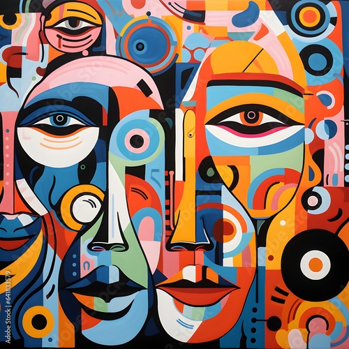 Modern Chic Illustration of Abstract Serene Faces in a Social Setting – AI Generated
