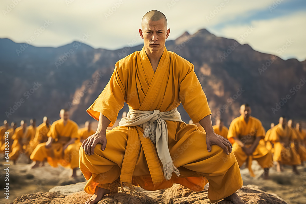 A shaolin monk trains with a group of students outdoors. - obrazy, fototapety, plakaty 