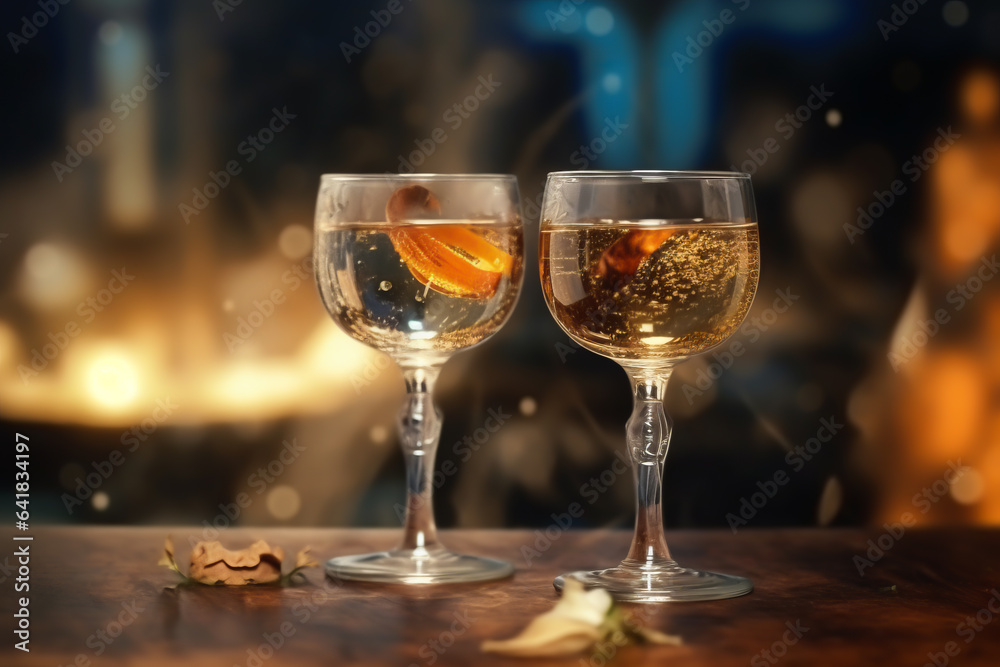 Obraz premium Champagne glass on wooden table and Christmas illumination on background. illustration of celebrating Christmas and New Year
