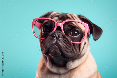 Pug dog with pink sunglasses on pastel blue background