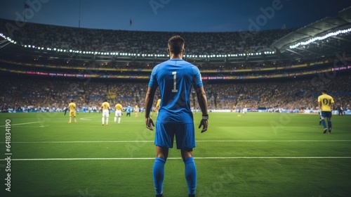 Male player on stadium at world cup. Back view. photo