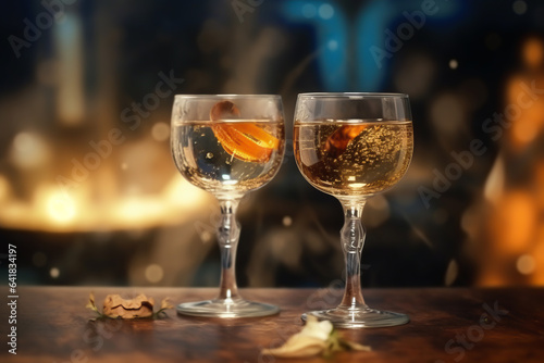 Champagne glass on wooden table and Christmas illumination on background. illustration of celebrating Christmas and New Year