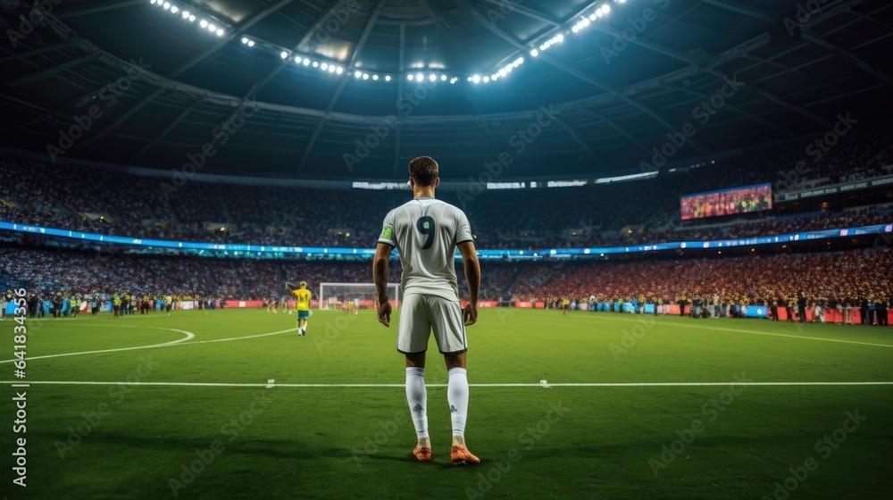 Male player on stadium at world cup. Back view. Generative AI