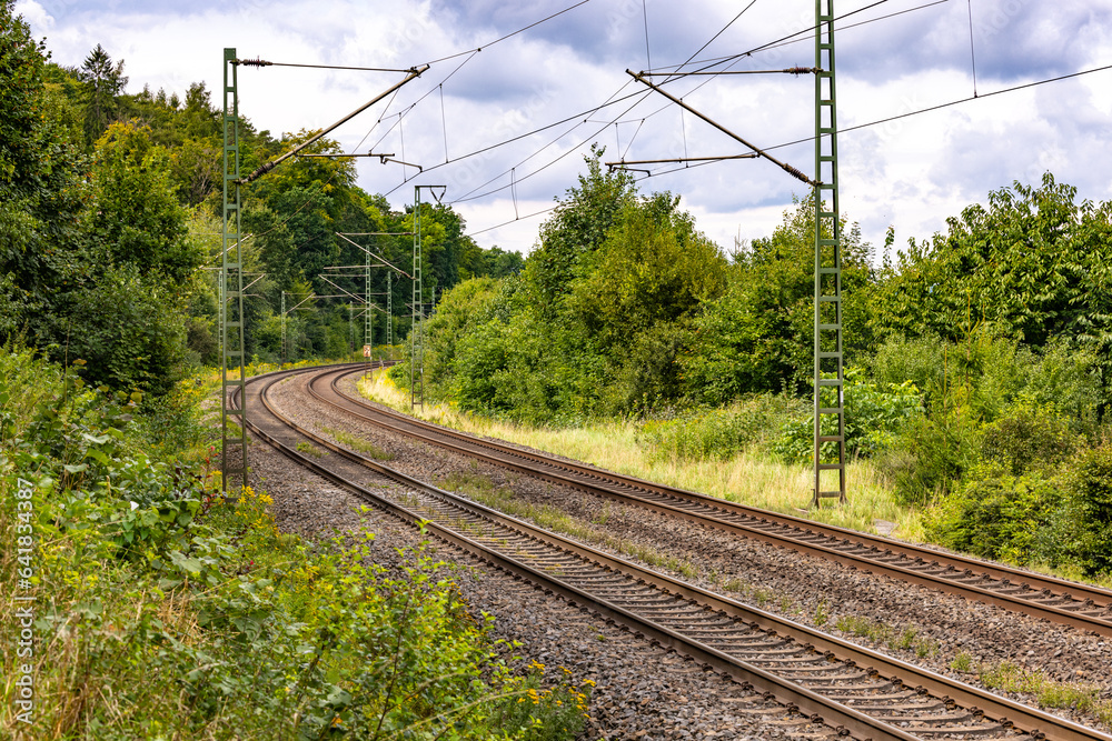 Two parallel tracks of a railroad line next to trees and catenary poles Two parallel tracks of a railroad line next to trees and catenary poles