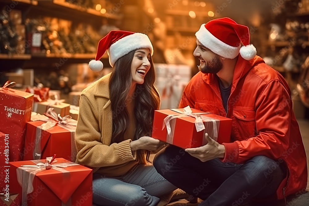 Fototapeta premium A man gives a Christmas present to a girl.
