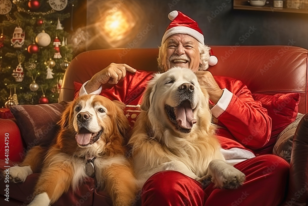 A cheerful man in a santa costume is sitting on the couch with his beloved dogs.