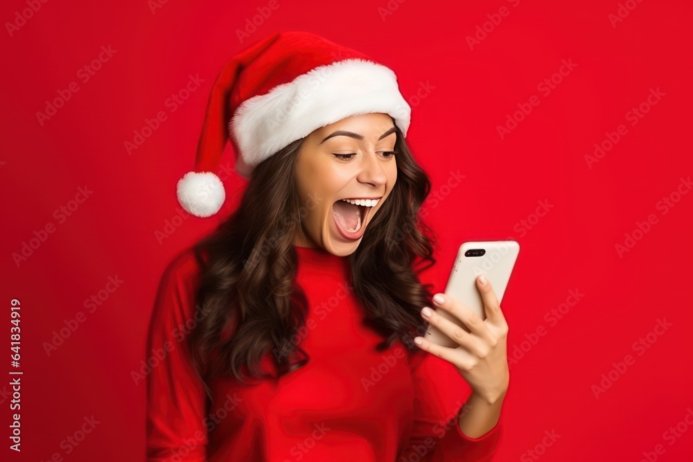 Happy excited woman in red santa claus hat with mobile phone Happy excited woman in red santa claus hat with mobile phone