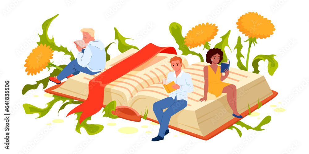 Book festival to read literature and study vector illustration. Cartoon tiny people sit on big open storybook with bookmark among spring and summer forest flowers, characters reading with curiosity Book festival to read literature and study vector illustration. Cartoon tiny people sit on big open storybook with bookmark among spring and summer forest flowers, characters reading with curiosity