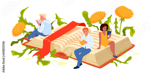 Book festival to read literature and study vector illustration. Cartoon tiny people sit on big open storybook with bookmark among spring and summer forest flowers, characters reading with curiosity