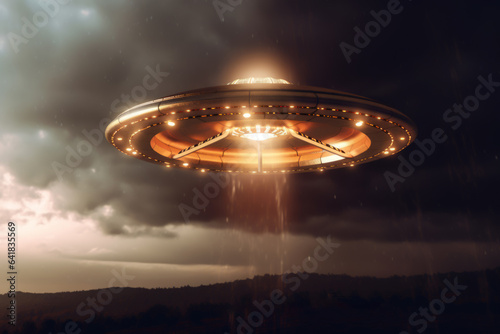 UFO, an alien saucer hovering above the field in the clouds, hovering motionless in the sky. Unidentified flying object, alien invasion, extraterrestrial life, space travel, spaceship.