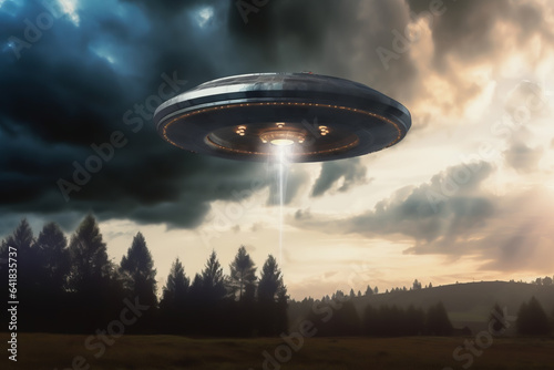UFO, an alien saucer hovering above the field in the clouds, hovering motionless in the sky.  Unidentified flying object, alien invasion, extraterrestrial life, space travel, spaceship.