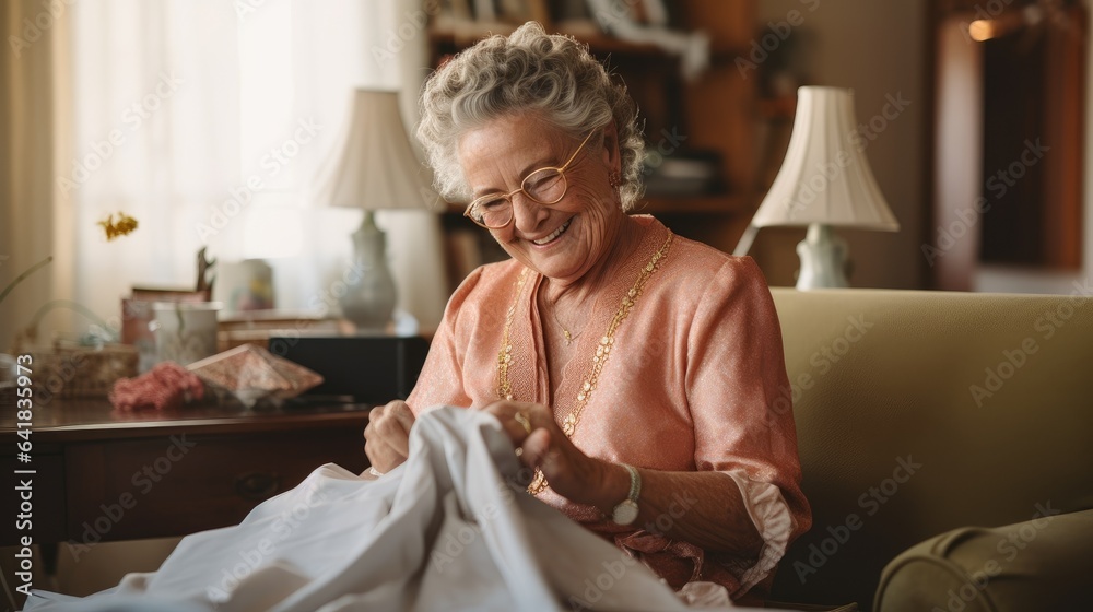 Portrait of a happy granny sewing at home. - obrazy, fototapety, plakaty 