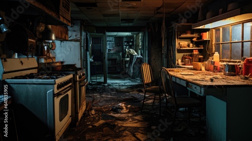 An abandoned, dirty and messy kitchen.