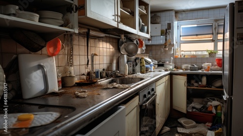 An abandoned, dirty and messy kitchen.