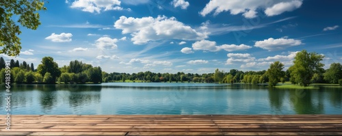 Wooden deck at lake under blue sky