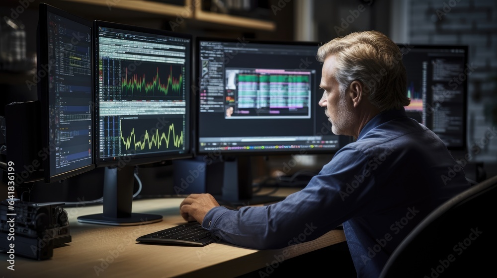Male broker analyzes financial markets from computer.
