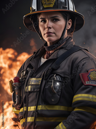 epic portrait of a female firefighter with fire behind
