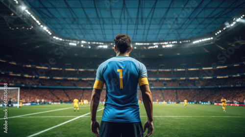 Male player on stadium at world cup. Back view. Generative AI © piai