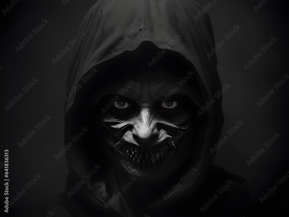 portrait of a reptilian covered by a hood in the middle of the shadows portrait of a reptilian covered by a hood in the middle of the shadows