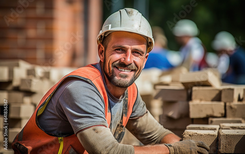 Happy bricklayer looking at the camera in the workplace. photo