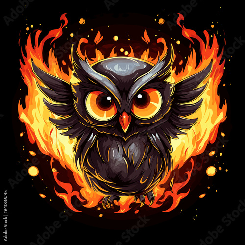 Funny owl against fire flames like phoenix in vector art