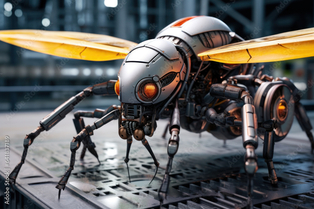 Bionic bee flying, transclucent wings, Robotic bug, robotic bee, wasp, science fiction. Photo realistic concept art, illustration