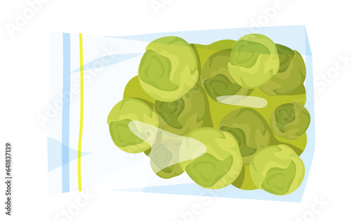 Brussels sprout in plastic bag vector illustration. Cartoon isolated vacuum transparent packaging of supermarket with frozen or fresh green vegetables, cabbage for storage in refrigerator or freezer