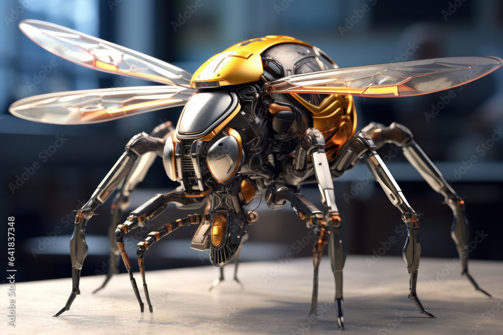 Bionic bee flying, transclucent wings, Robotic bug, robotic bee, wasp, science fiction. Photo realistic concept art, illustration - obrazy, fototapety, plakaty 