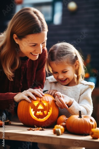Little girl with her mom carving a Halloween pumpkin. Generative AI