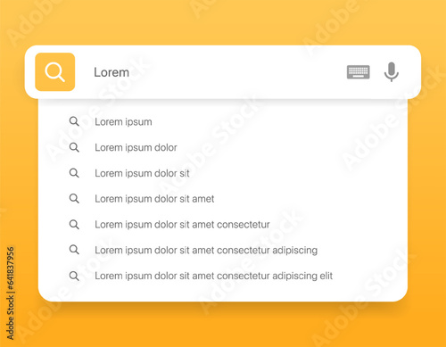 Search Bar with suggestions for UI UX design and web site. Search Address and navigation bar icon. Collection of search form templates for websites. Search engine web browser window template.