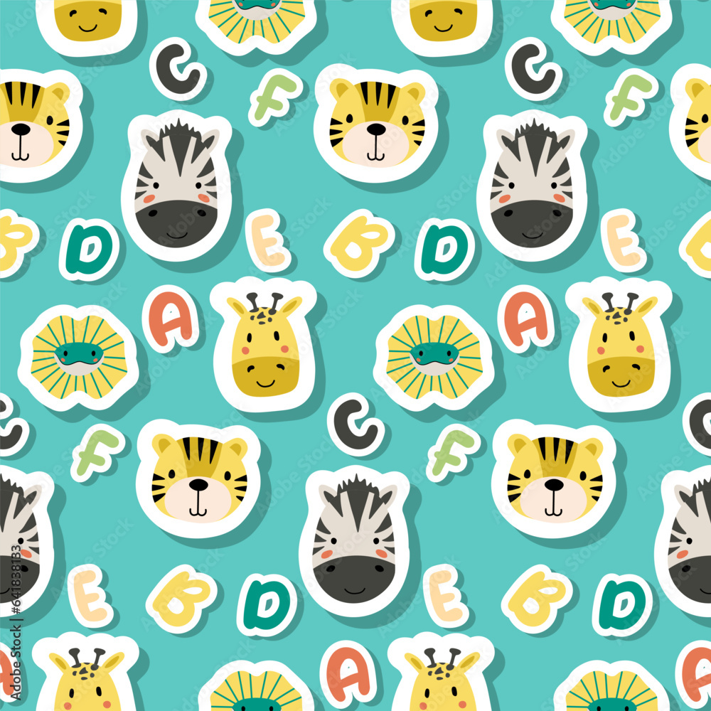 Obraz premium Vector sticker pattern with lion, zebra, giraffe, lizard.Tropical jungle cartoon creatures.Pastel animals background.Cute natural pattern for fabric, childrens clothing,textiles,wrapping paper.