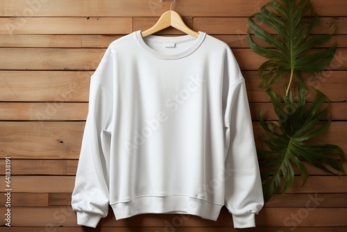 white blank sweatshirt on hanger in boho style room, AI Generated