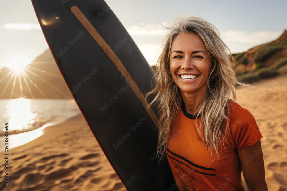 A mature woman on the beach with a surfboard. - obrazy, fototapety, plakaty 