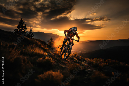 A mountainbiker descending a steep slope on a hill at sunset