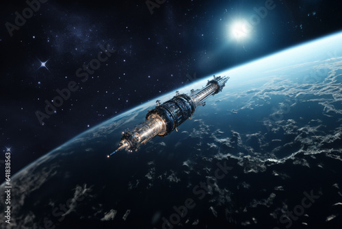 A futuristic spaceship in orbit above the earth