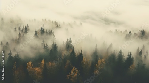 Generative AI, Misty autumn fir forest beautiful landscape in hipster vintage retro style, foggy mountains and trees. 