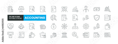 Set of 36 Accounting line icons set. Accounting outline icons with editable stroke collection. Includes Accounting, Tax, Audit, Financial Audit, Accountant and More.