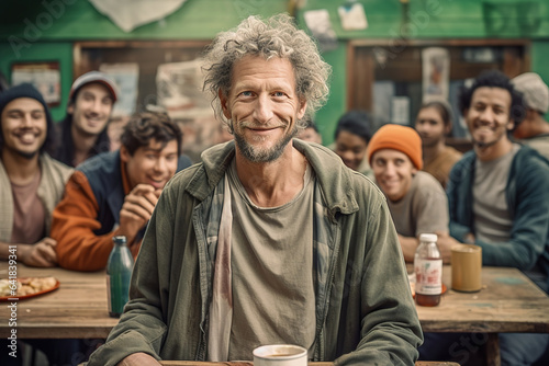 Portrait of a homeless adult man in the dining room of a poor homeless shelter.