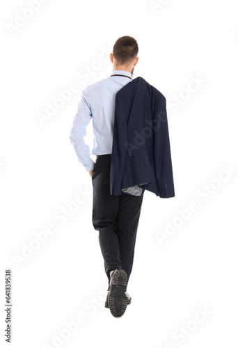Businessman with suit over shoulder walking away on white background