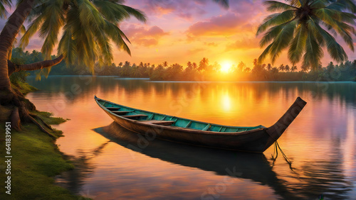 a boat on the riverbank tied to a coconut tree - generative ai