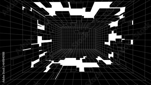 Digital black destroyed tunnel with holes. Wireframe grid box, network connection technology. Futuristic portal pattern. Vector illustration.