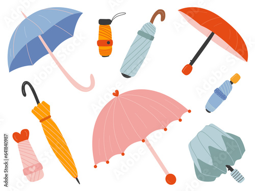 Vector set of different umbrellas in various positions. Open and folded umbrellas cartoon set