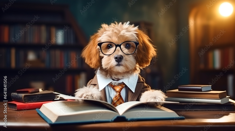 A dog in glasses sits at a table with a book in the library